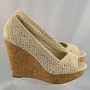 Nine West Mickele Crochet Wedge Heels Tan Sandals Womens 7.5 Cork Platform